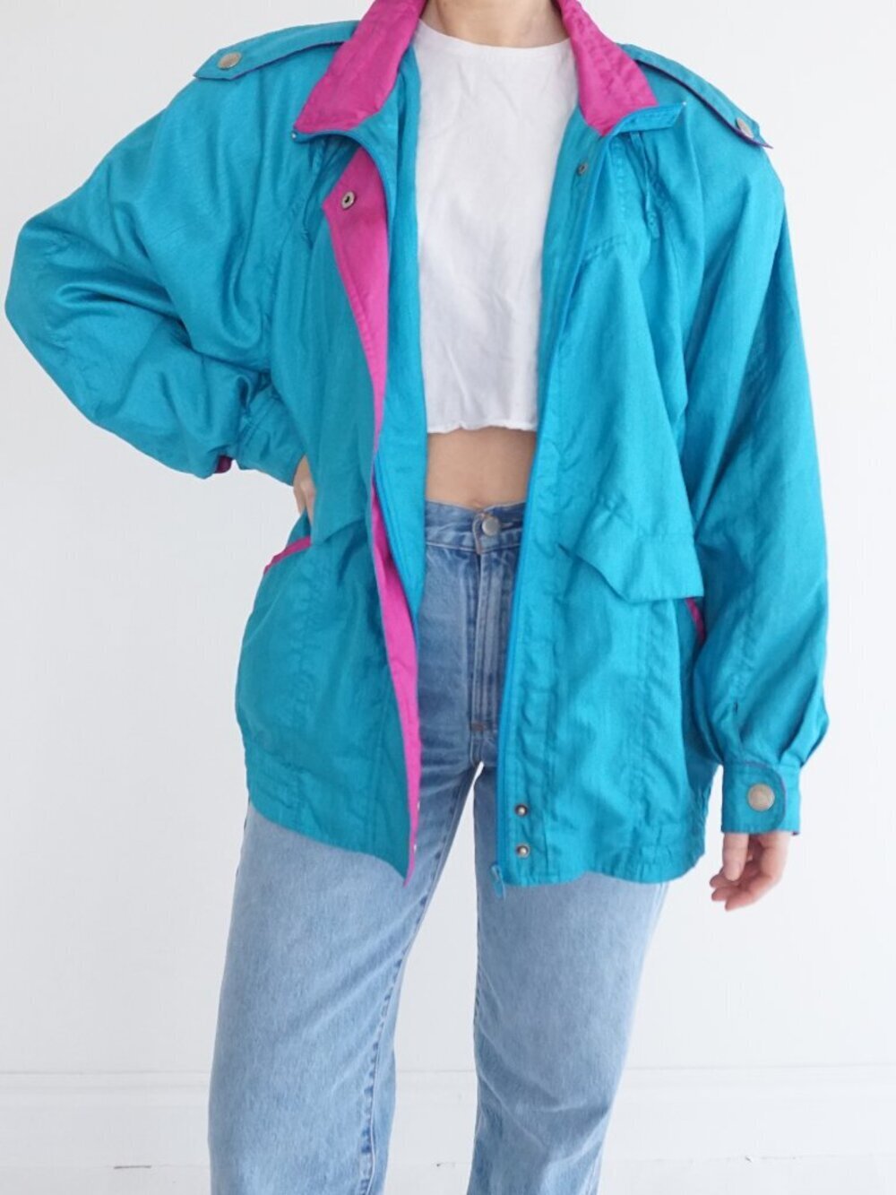 Vintage Cyclone Teal Pink Colorblock Zip Snap Front Windbreaker Jacket Outdoor L